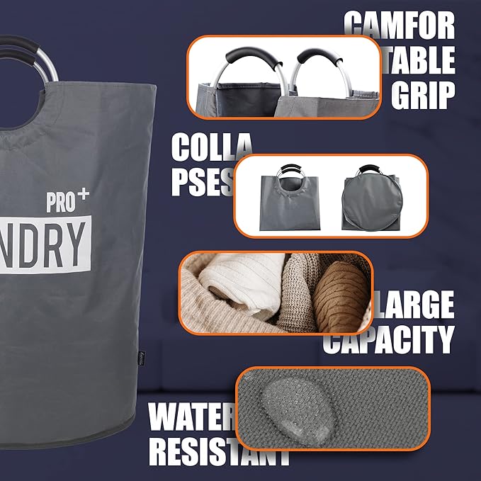 Caroeas Super Large 150L Laundry Basket Pro, Waterproof Laundry Hamper, Collapsible Laundry Basket Easy Storage, Clothes Hamper Stands Up Well, Laundry Bag with Padded Handles (Dark Grey)