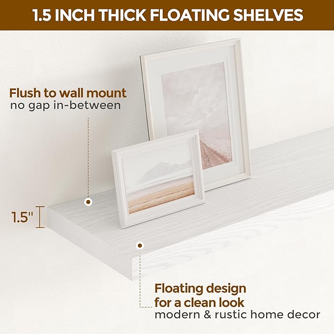 Fun Memories 72 Inch Floating Shelves for Wall, 72x9.3 Large Floating Shelf for Bedroom, Kitchen, Bathroom, Wall Mounted Rustic Wood Shelves with Invisible Bracket for Books, Decor, White