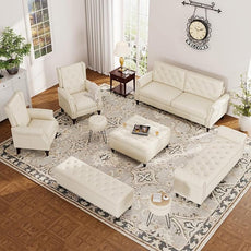 Bedroom Bench, End of Bed Bench with Storage, 55-Inch Bed Benches for Foot of Bed, Faux Leather Window Bench, Upholstered Storage Bench with Tufted Button and Nailhead Trim, Rolled Arms, Cream White