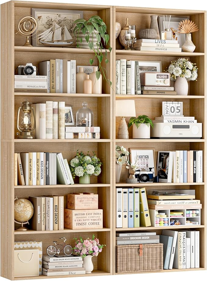 FOTOSOK 6-Tier Open Bookcase and Bookshelf Set of 2, Freestanding Display Storage Shelves Tall Bookcase for Bedroom, Living Room and Office, Light Oak