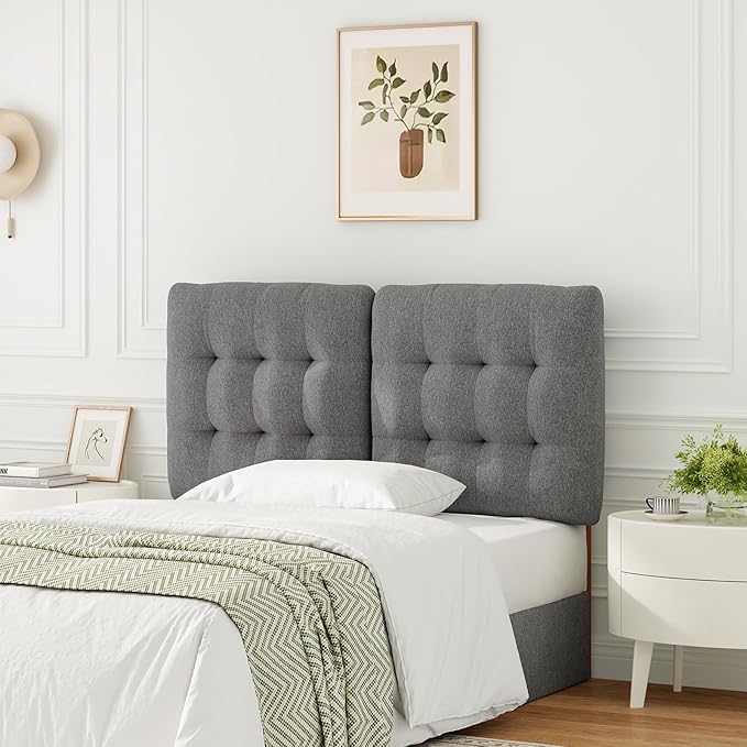 Tufted Upholstered Full Headboard, Adjustable Height Full Size Headboard Only from 39”to 44” with Durable Solid Wood Legs, Modern Button Diamond Fabric Head Board with Width Adapters, Grey