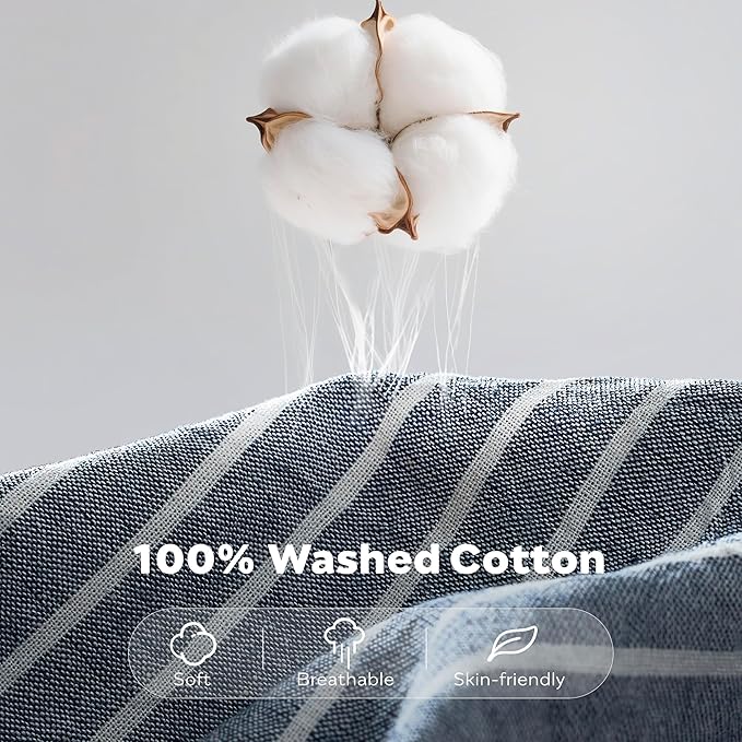 JELLYMONI Cotton Duvet Cover Full Size - Blue Vertical Pinstriped Comforter Cover with Button 100% Washed Cotton 3PCS Breathable Soft Solid Bedding Set Duvet Cover 80×90in & 2 Pillowcases