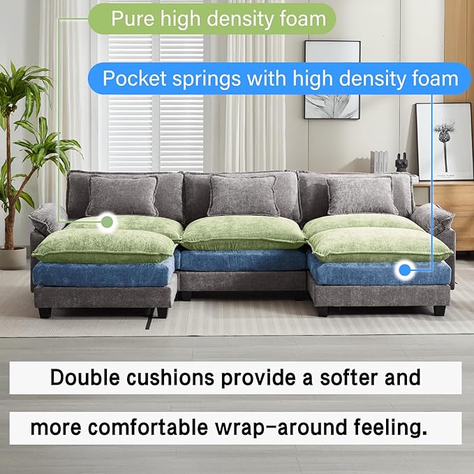 120" Modular Sectional Sofa, Comfy Cloud Couch Sectional Sofa with Ottoman, Chenille Sofa Sleeper Deep Seat Sofa with Throw Pillows for Living Room (Light Gray, 120"- U Shape)