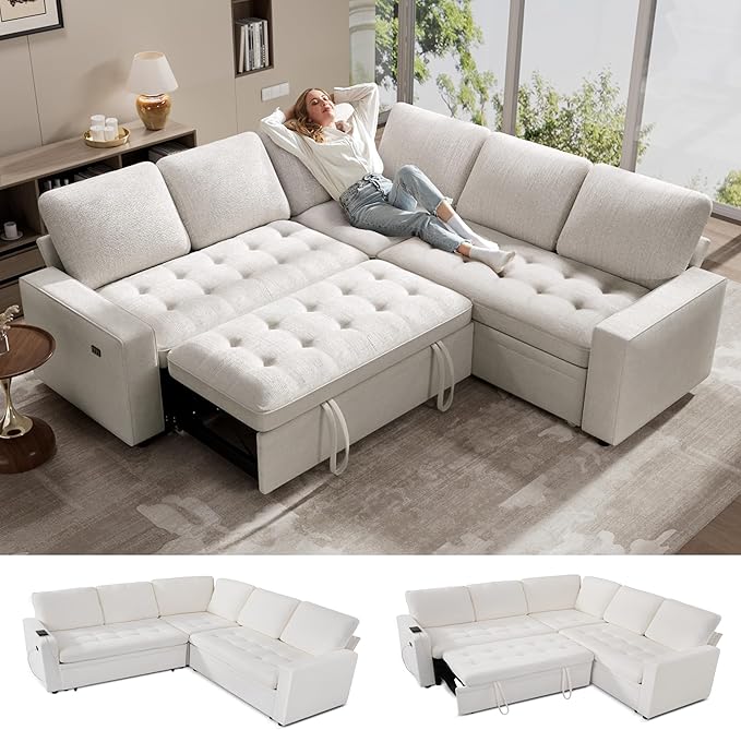 WEUP 5 Seat L Shaped Sectional Sleeper Sofa Bed with Pull Out Bed, Chenille Sectional Sleeper Couch with Adjustable Backrest, USB Ports & Storage Seat, Tool-Free Assembly, Chenille Beige