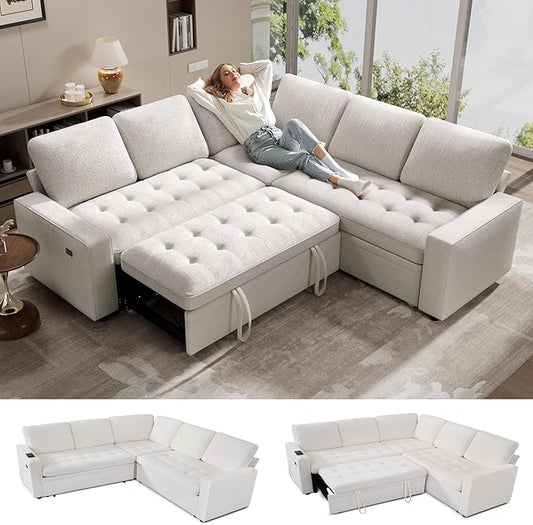 WEUP 5 Seat L Shaped Sectional Sleeper Sofa Bed with Pull Out Bed, Chenille Sectional Sleeper Couch with Adjustable Backrest, USB Ports & Storage Seat, Tool-Free Assembly, Chenille Beige
