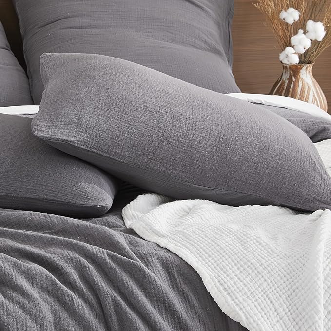 EMME Muslin Cotton Duvet Cover Set Dark Grey King Size Linen Like Soft Breathable Lightweight Summer Comforter Cover Set with Zipper Closure (Dark Grey, King, 104"x90")