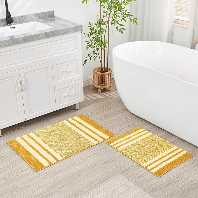 CozeCube Bath mats for Bathroom Non Slip, Fluffy Absorbent Microfiber Bath mat Washable, Aesthetic Bathroom Rugs, Large Harvest Gold Striped Bath mat, Harvest Gold, 36" x 24"