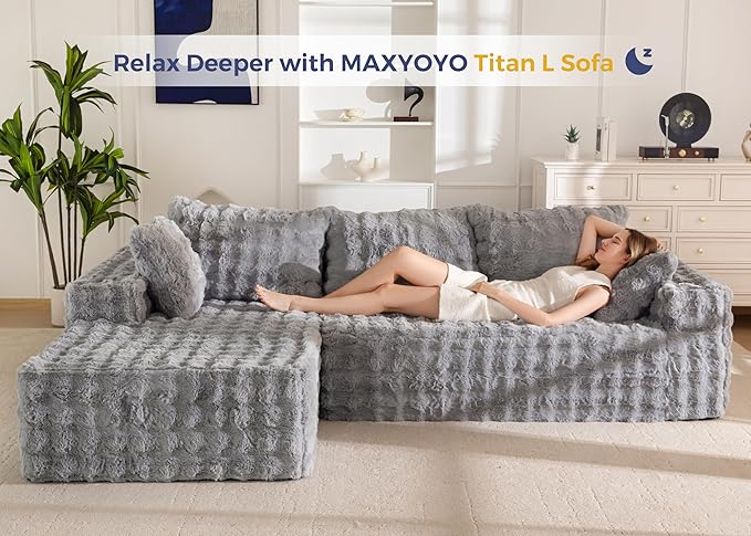 MAXYOYO 104" Modular Sectional Couch with L-Shape Chaise, Modern Boneless Couch for Living Room, Sofa in A Box, Faux Fur Sofa Sleeper with Deep Seat, No Assembly Required, Grey