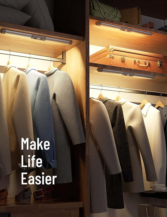 Joyzy 3 Pack Automatic Motion Sensor Closet Lights with Eye-Protection Design, LED Under Cabinet Wireless Lighting, Rechargeable Closet Lightings for Wardrobe Pantry Light