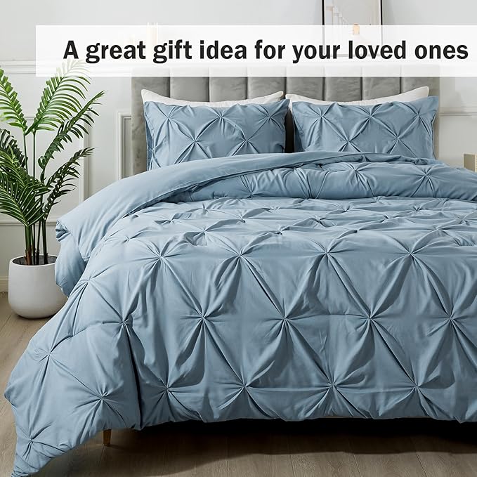 Andency Grayish Blue Pinch Pleat Comforter Full(79x90Inch), 3 Pieces(1 Pintuck Comforter and 2 Pillowcases) Solid Soft Down Alternative Microfiber Lightweight Bedding Set All Season