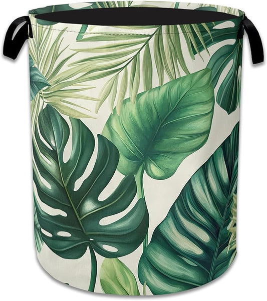 Tropical Palm Leaves Laundry Hamper With Handle,Foldable Oxford Cloth Laundry Basket,20.8"x16" Clothes Storage Basket for Laundry Room/Bedroom/Bathroom