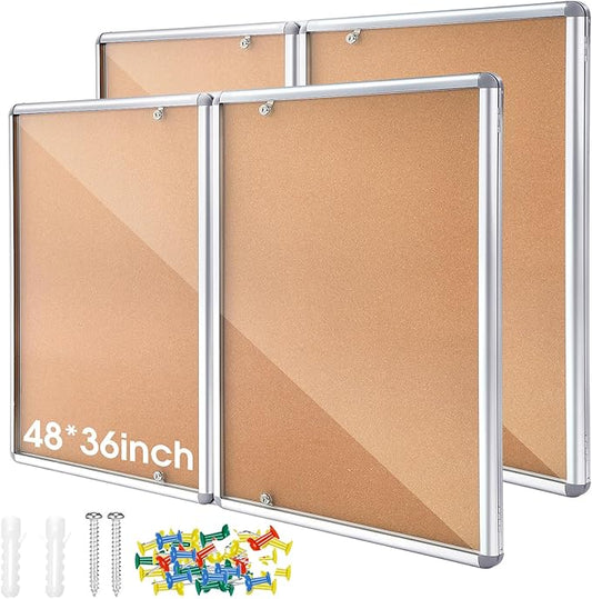 2 Pack Enclosed Bulletin Board 48"x36" Weather Resistant Lockable Enclosed Notice Cork Case Display Board Wall Mounted 2 Locking Door Aluminum Frame for Office School Commercial, 12xA4(Brown)