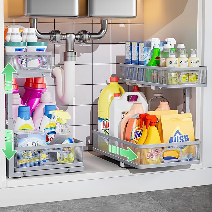 Uder Sink Organizer, High Adjustable 2 Tier Under Sink Organizers and Storage, Slide Out Metal Cabinet Organizers, Pull Out Sink Storage Drawer Shelf for Kitchen Bathroom Cabinet, Grey, 2 Pack