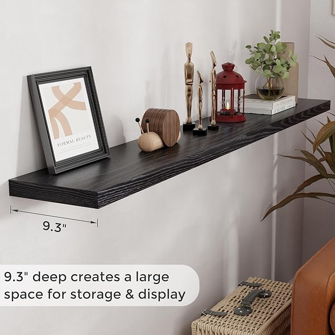 Fun Memories 72 Inch Floating Shelves for Wall, 72x9.3 Large Floating Shelf for Bedroom, Kitchen, Bathroom, Wall Mounted Rustic Wood Shelves with Invisible Bracket for Books, Decor, Black