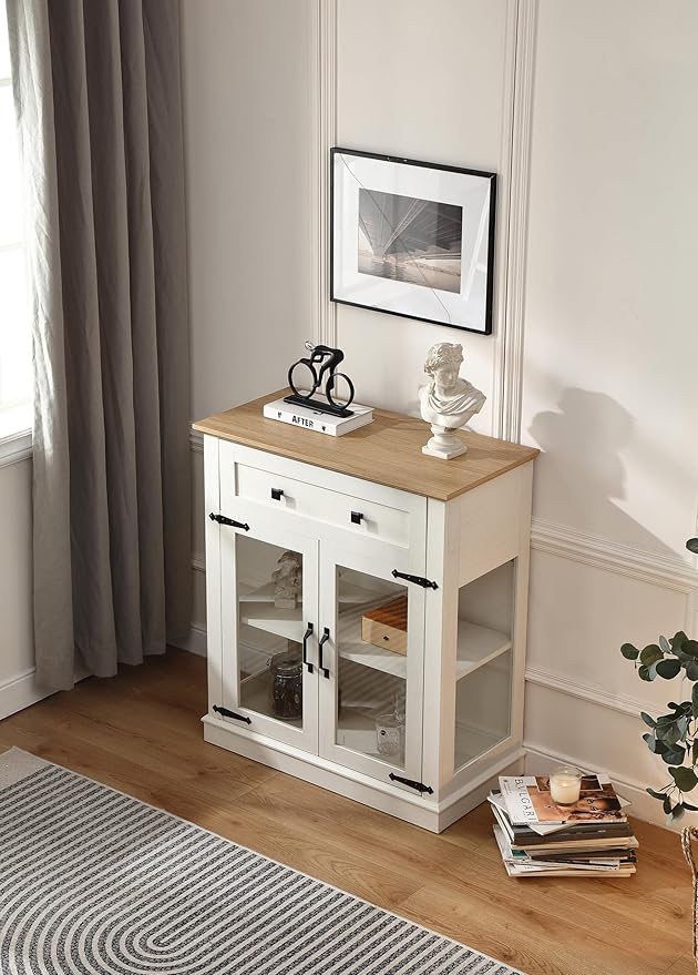 Modern 31.5'' Small Sideboard Buffet Cabinet with Storage,Small Coffee bar Cabinet with a Drawer and Adjustable Shelf,Glass Doors Sideboard Buffet with LED for Kitchen,Antique White