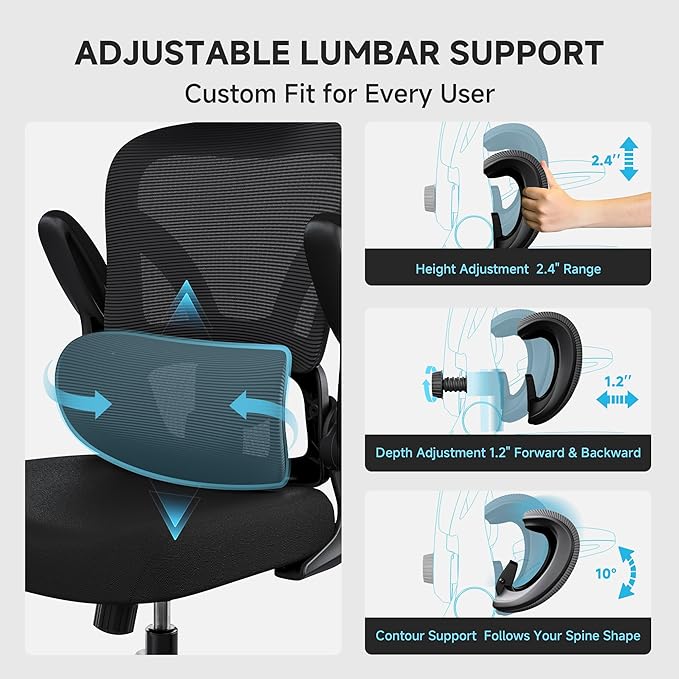 Office Chair with Adjustable Lumbar Support, Home Office Desk Chair with Flip-up Armrests, 330 lbs Mesh Computer Chair for Long Day Use, Black