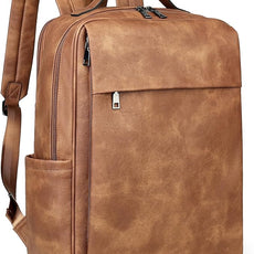 MASINTOR 15.6 inch PU Leather Laptop Backpack Purse for Women, Large College Casual Backpack Travel Bag Mocha Brown