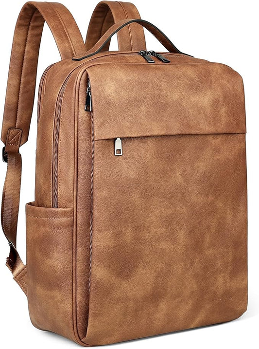 MASINTOR 15.6 inch PU Leather Laptop Backpack Purse for Women, Large College Casual Backpack Travel Bag Mocha Brown