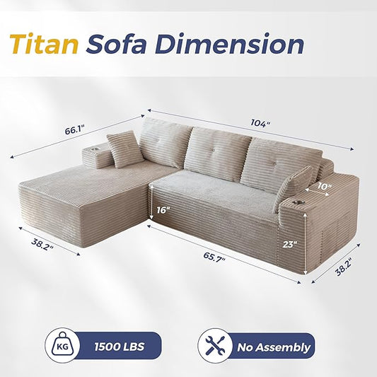 MAXYOYO 104" Modular Sectional Couch with L-Shape Chaise, Modern Boneless Couch for Living Room, Sofa in A Box, Oversized Sofa Sleeper with Deep Seat, No Assembly Required, Grayish Beige
