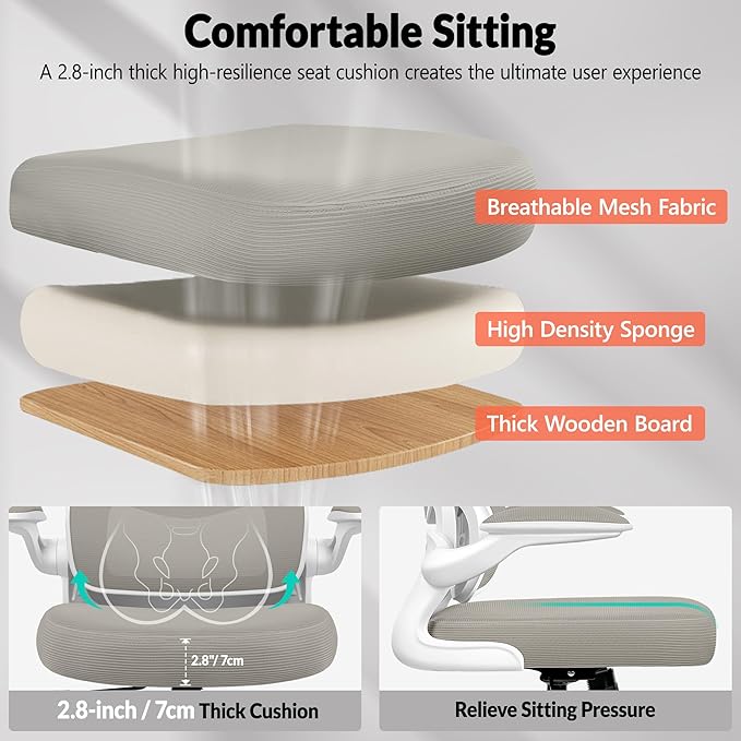 Office Chair Ergonomic Desk Chair, Breathable Mesh Comfy Chair with Lumbar Support, Computer Chair, Home Desk Chair with Flip-up Armrests, Gaming Chair for Adults Home Office (LightGray)