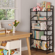 JSB No Assembly Folding Bookshelf, 5 Tier Industrial Metal Book Shelf for Storage, Vintage Wood Foldable Bookcase for Living Room, Bedroom, Office Organization Shelves