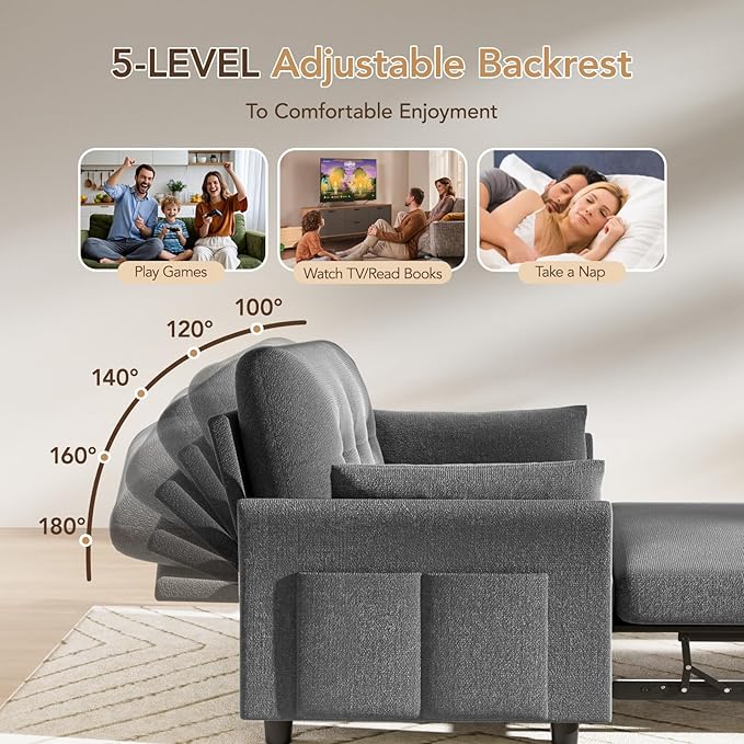 Vipbear Sleeper Sofa with Pull-Out Bed, 3-in-1 Convertible Sofa Bed, Loveseat with Reclining Backrest and Side Pocket for Living Room, Apartment, Tool-Free Assembly, Dark Grey