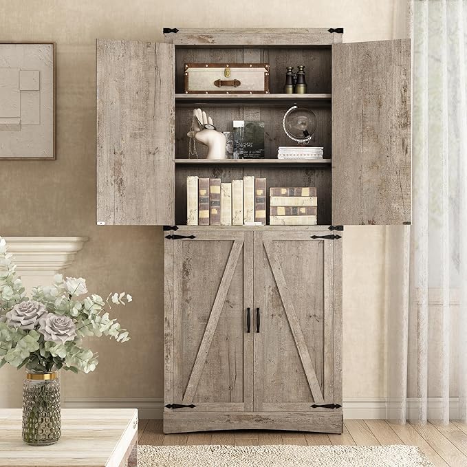 71" Tall Kitchen Pantry,Farmhouse Storage Cabinet with Adjustable Shelves,Load-Bearing Steel Pipe,Farmhouse Pantry Cabinet with 4 Barn Doors,for Kitchen,Dining Room,Living Room(Light Rustic Oak)
