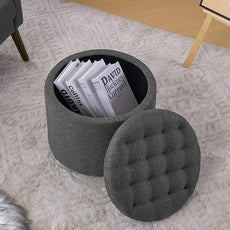 Furniliving 18.7inch Storage Round Ottoman, Footstools with Hidden Storage with Removable Lid, Stylish Button Tufted Design Ottoman Foot Stools for Living Room, Bedroom，Darkgrey