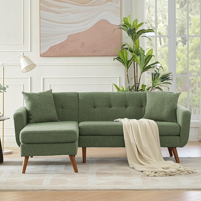 Tbfit L Shaped Couch Sofa, 80" W Mid-Century Modern Sectional Couches, 3 Seater Sofas with Wide Chaise Lounge, Button Tufted Upholstered Sectional Sofa for Living Room, Bedroom, Green