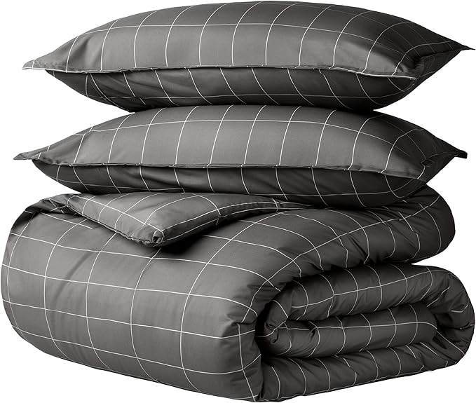 Bare Home Duvet Cover - Oversized Queen Size Bedding Set - Premium 1800 Super Soft Collection - Lightweight, Cooling - Soft Breathable Duvet Cover (Oversized Queen, Grid - Grey/White)