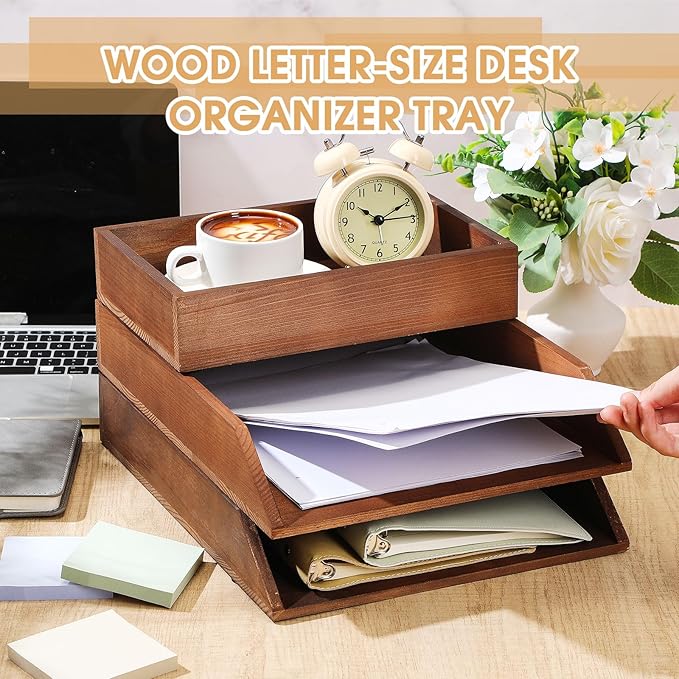 3 Pcs Wooden Letter Trays, Wood Letter-Size Desk Organizer, Heavy Duty 3 Tier Stackable Support Paper Tray Tabletop Inbox Drawer Desktop Organizer for File Folder Magazine Office(Brown)