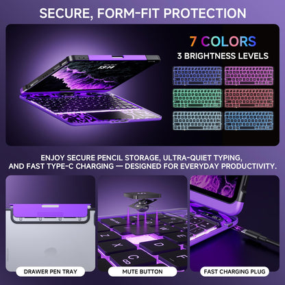 Transparent Keyboard Case for iPad 11” (10th & 11th Gen) – 360° Rotating, Backlit, Trackpad