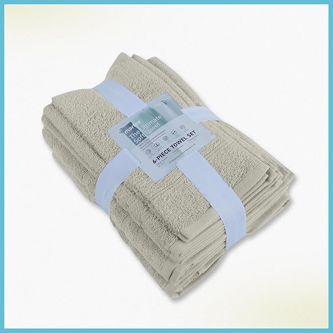 Martex 6-Piece Towel Set – Ultimate Performance – 100% Cotton – 2 Bath Towels – 2 Hand Towels – 2 Wash Cloths – Versatile – Low-Linting – Supersoft & Absorbent Bathroom Set – Easy Care – New Sand