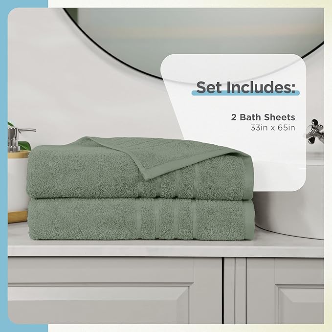 Martex 2-Pack Ultimate Performance Bath Sheet Set – 100% Cotton – 33” x 65” – Extra Large Bath Towels – Versatile – Low-Linting – Supersoft Bathroom Set – Super Absorbent – Easy Care – Sage