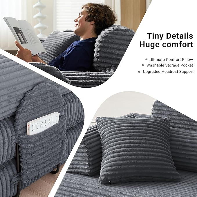 Convertible Sofa Bed with Fixed Frame, Corduroy Futon Boneless Couch with Pillow Headrest, No-Assembly Floor Sofa 79" Extra-Wide Sleeper for Living Room, Bedroom, Lounge, Studio (Dark Gray)