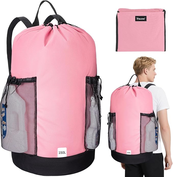 BALEINE 150L Laundry Bag Backpack, 900D Oxford Fabric Large Travel Laundry Bags with Shoulder Straps and 2 Mesh Pockets for College Dorm, Apartment, Laundromat (Pink, 150L)