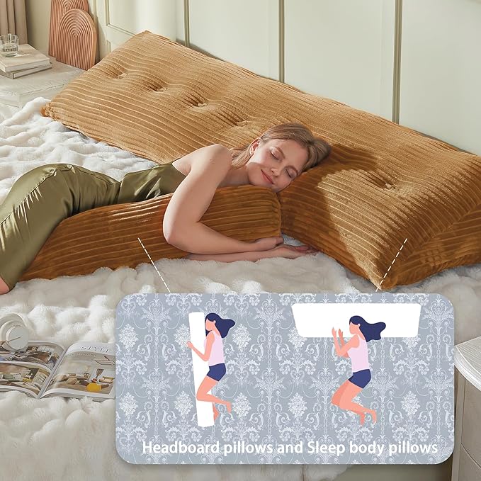 Headboard Wedge Pillow + A Long Neck Roll Pillow Body Pillow，Large Headboard Pillow with Removable Cover (Brown, King：76x8x20 inches)