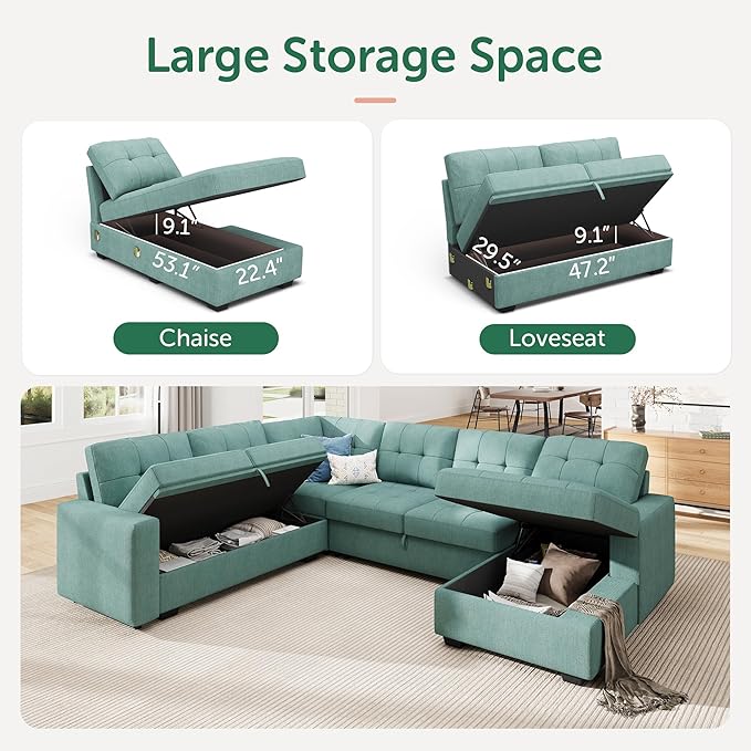 HONBAY Sectional Sleeper Sofa Bed, Sleeper Couch with Pullout Bed, Sectional Couch with Storage Chaise for Living Room, Blue