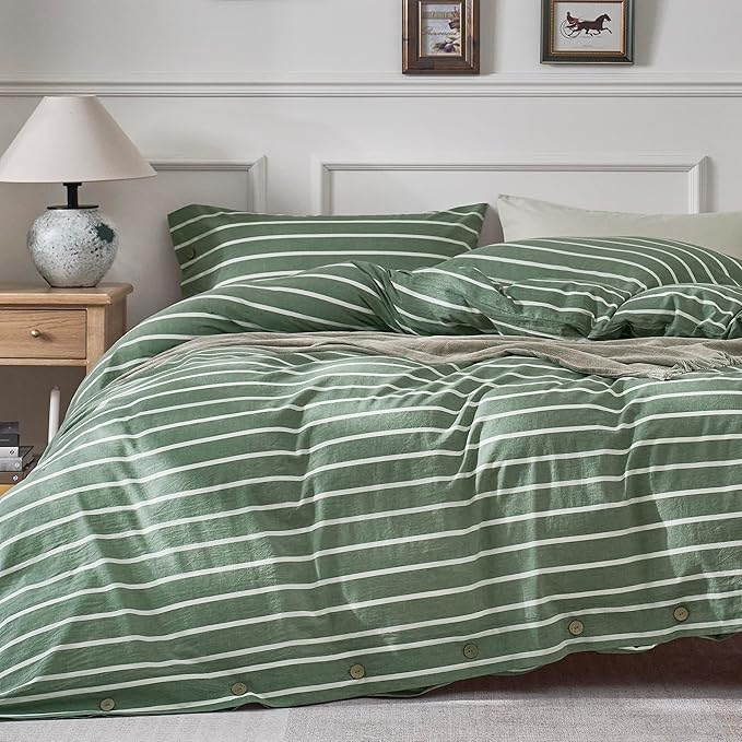 JELLYMONI Cotton Duvet Cover Oversized Queen Size - Green Striped Comforter Cover with Button 100% Washed Cotton 3PCS Breathable Soft Solid Bedding Set Duvet Cover 98×98in & 2 Pillowcases