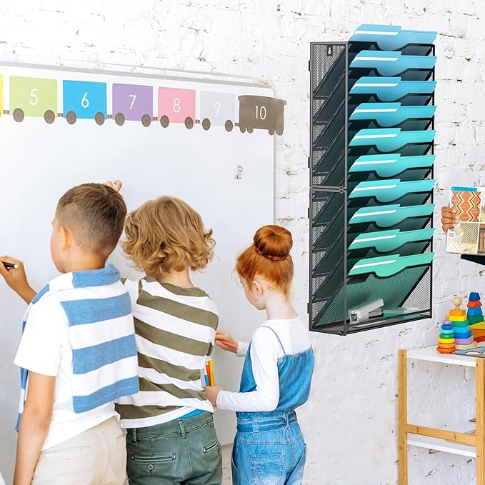 11-Tier Wall File Organizer Hanging Wall File Holder Wall Mount Paper Folder Organize, Mesh Magazine Document Mail Organizer Wall Organizer for Office School Home, Black
