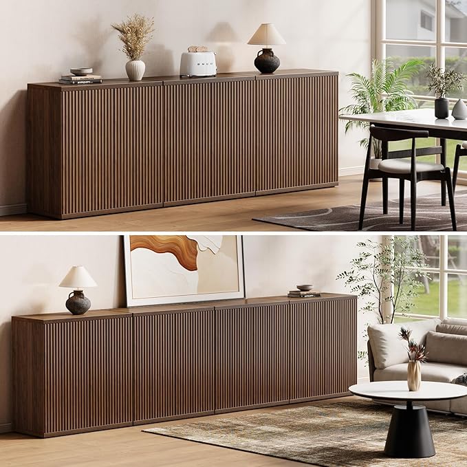 Fluted Buffet Cabinet Sideboard with Storage,Wooden Credenza with 2 Doors&Adjustable Shelve, Modern Accent Cabinets Coffee Bar Bookcase for Living Room,Kitchen Dining Room Entryway 15"D Brown