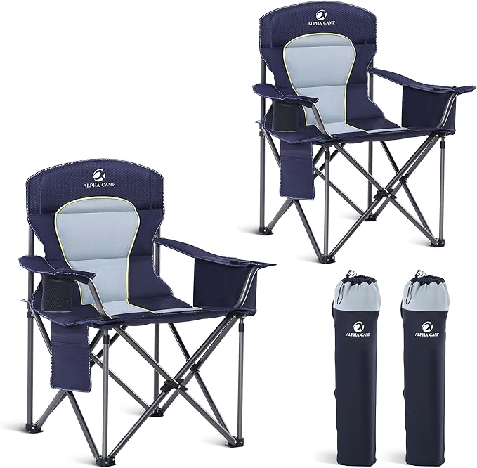 GREEN PARTY Folding Camping Chair Oversized Heavy Duty Lawn Chair with Cooler Bag, Cup Holder, Storage Pocket, Collapsible Padded Outdoor Arm Chair, Quad Lumbar