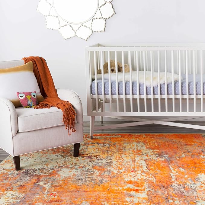 Lahome Modern Abstract Area Rug - Soft 3x5 Rugs for Bedroom Washable Living Room Entryway Rug, Contemporary Non Slip Indoor Accent Carpet for Nursery Office Kitchen Bathroom, Orange/Yellow