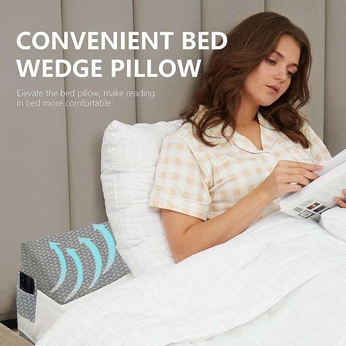 Bed Wedge Pillow for Headboard Gap Bed Mattress Gap Filler (0-8") Between Headboard/Wall and Mattress Grey King Size Foam Support Triangle Bloster Pillow Stoppers with 2 Pockets