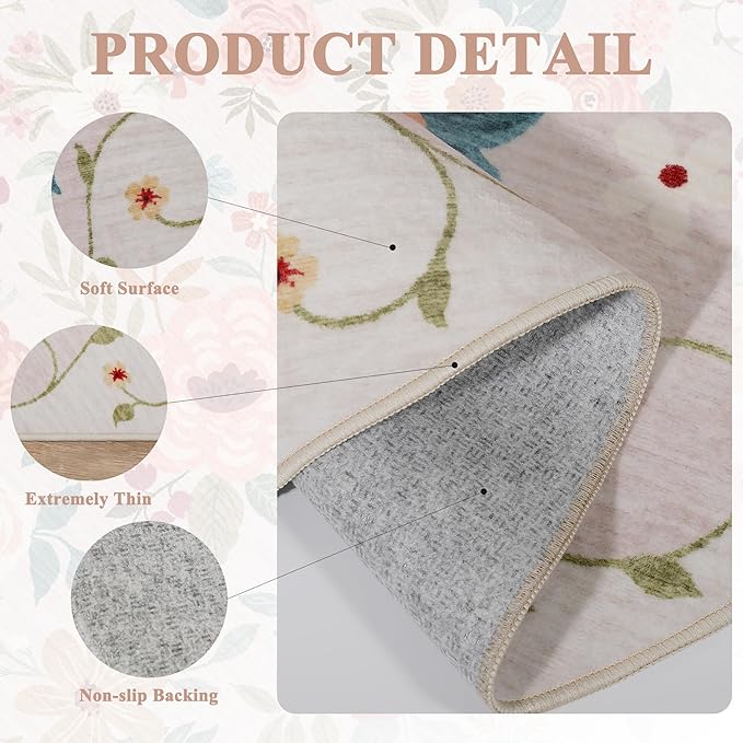 DUKINO 2x5 Runner Rug for Hallway, Washable Kitchen Floral Runner Rug with Non Slip Backing, Low Pile Soft Boho Carpet for Kitchen, Hallway, Entryway, Laundry, Bedroom, Beige