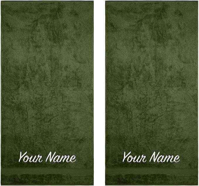 Personalized Towels, Hotel & Spa Quality, Super Soft, Highly Absorbent, 100% Turkish Genuine Cotton Monogrammed 2 Piece Bath Towel Set for Bathroom, Spa, Gym, Shower, Pool, College Dorm, Forest Green