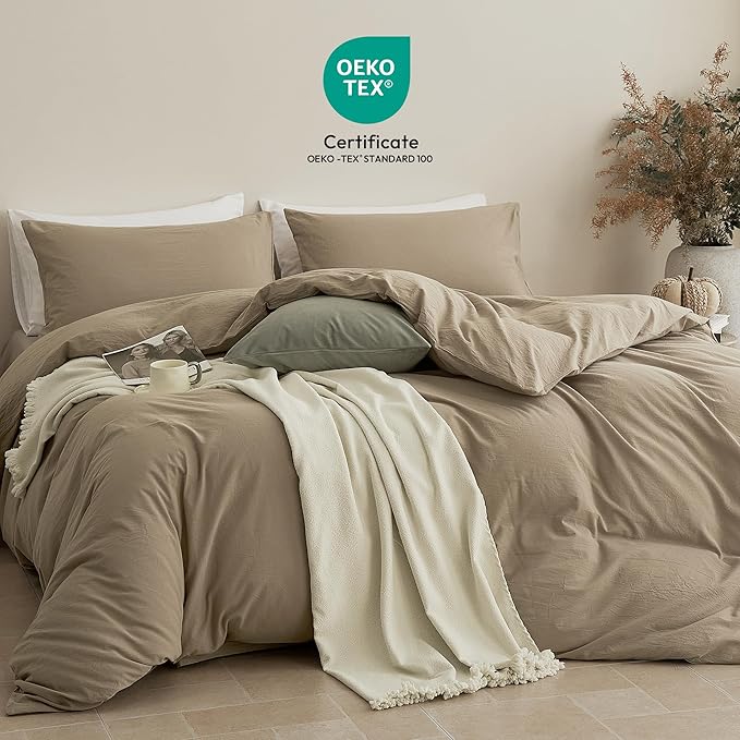 JELLYMONI Duvet Cover King Size - Washed Cotton Comforter Cover with Linen-Like Texture,Breathable & Soft Bedding for Modern Home,Guest Room and Everyday Use,Dusty Khaki 1 Duvet Cover & 2 Pillowcases