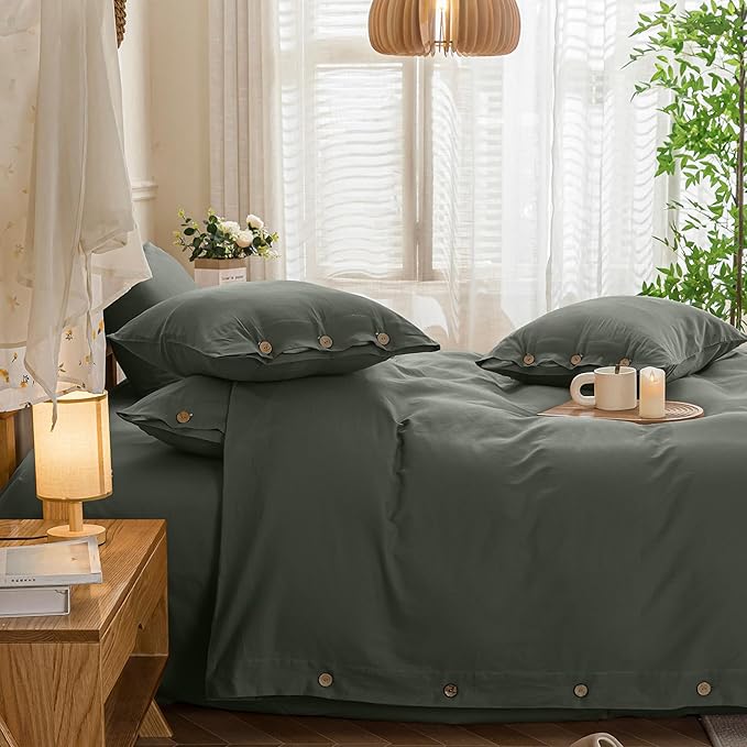 JELLYMONI Cotton Duvet Cover Twin Size - Gray Comforter Cover with Button 100% Washed Cotton 2PCS Breathable Soft Solid Bedding Set Duvet Cover 68×90in & 1 Pillowcase (NO Comforter)