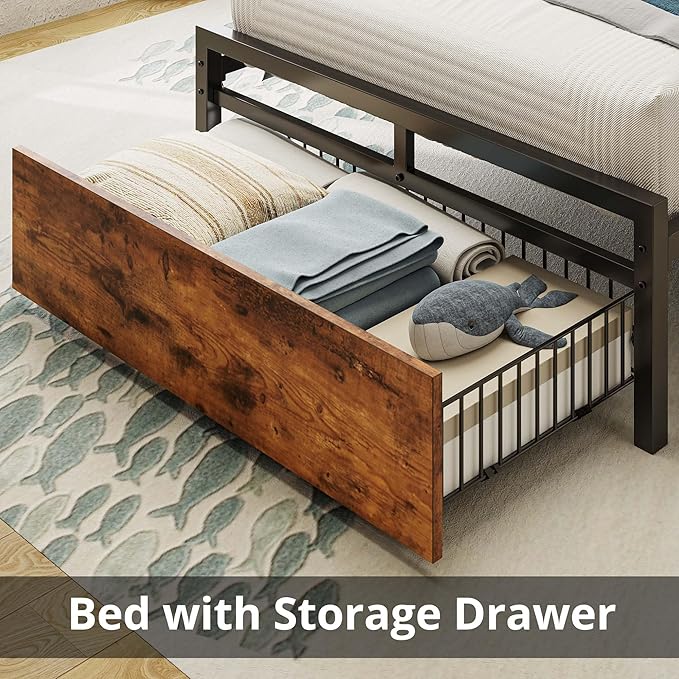 LIKIMIO Twin XL Bed Frames with Drawer, Storage Headboard with Outlets, No Box Spring Needed, Easy Assembly, Vintage Brown