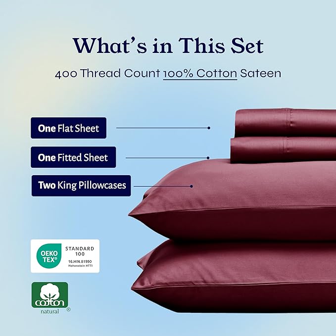 California Design Den King Size Sheets Set - Soft 400 Thread Count Sateen, Natural 100% Cotton Sheets with Deep Pockets, Breathable, and Durable Bedding Set - Burgundy Red CaliforniaDesignDen